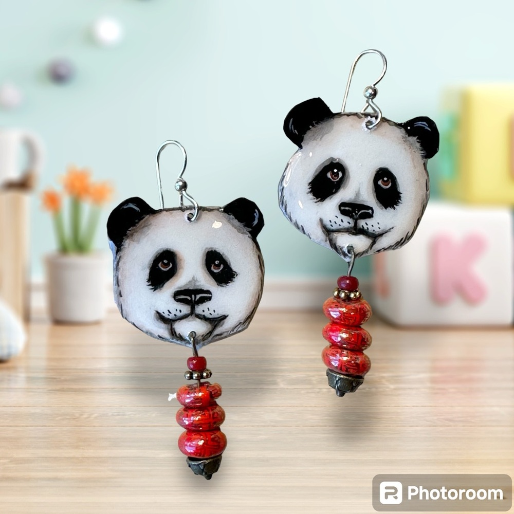 Giant Panda handpainted earrings w porcelain red gold beads bears original OOAK
